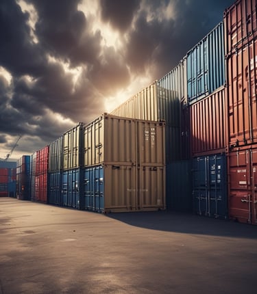 A stack of colorful shipping containers on a cargo ship, featuring prominent brands like Hapag-Lloyd, UASC, and COSCO. The containers are organized in neat rows and the hull of the ship is visible with large branding painted on it.