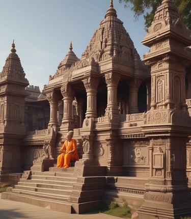 A traditional Hindu temple with intricate carvings and vibrant colors is surrounded by tall palm trees. The temple towers feature detailed sculptures and colorful decorations under a clear sky.