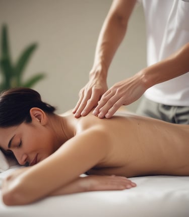 A serene and well-lit massage therapy room features a massage table adorned with scattered rose petals. The room has soft green walls with a floral accent wall in the back. A hanging white robe and a modern chair are present, along with a glass shower enclosure. The ceiling has recessed lighting, contributing to a calming atmosphere.