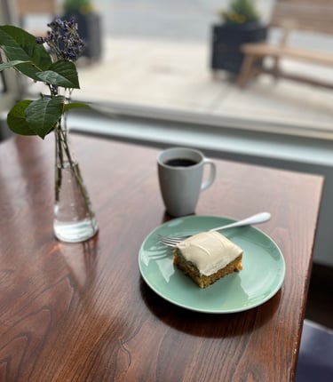 Carrot cake, desserts, scones, pastries, coffee, cappuccino, latte, tea, cold brew, cookies