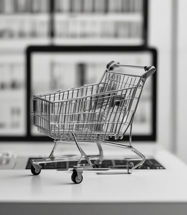 a laptop computer with a shopping cartonce and a shopping carton