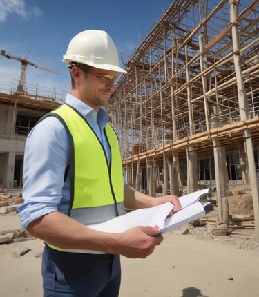An aerial view of a building with a large array of solar panels on its roof. The structure is surrounded by greenery, pathways, and some smaller structures or landscaped areas. The environment appears to be a mix of natural and man-made elements, suggesting a focus on sustainability.