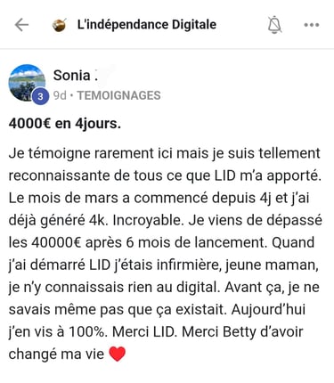 Résultat membre formation LID Sonia. produit digital