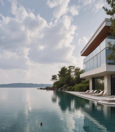 A stunning oceanfront resort at sunset with elegant palm trees and a couple enjoying a private terrace.