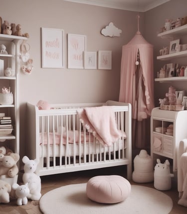 A cozy nursery corner with soft pastel bedding, plush toys, and sunlight streaming through a window.