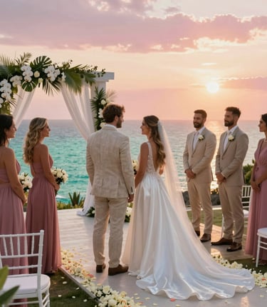 A sunlit beach ceremony with soft blush and gold decor overlooking turquoise water.