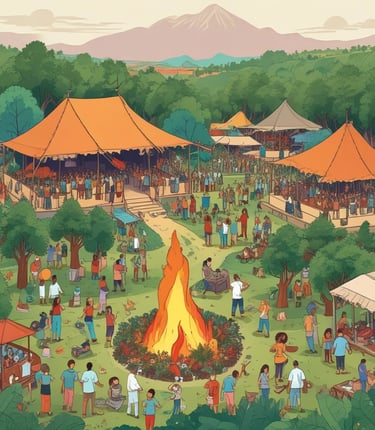 A vibrant outdoor festival scene with a historic house, lush greenery, and a lively crowd enjoying music and crafts.