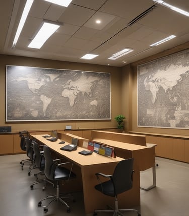 A warm, modern office space with a translator working at a laptop surrounded by official documents.