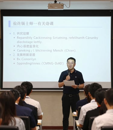 A dynamic speaker engaging an attentive audience with expressive gestures on a warmly lit stage.