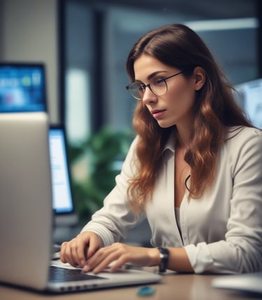 A friendly team collaborating over laptops in a bright, modern office space.