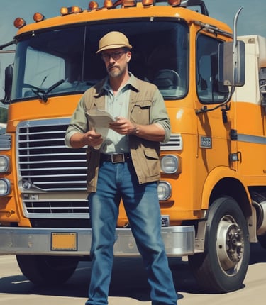 A friendly compliance specialist assisting a truck driver with paperwork in a bright office.