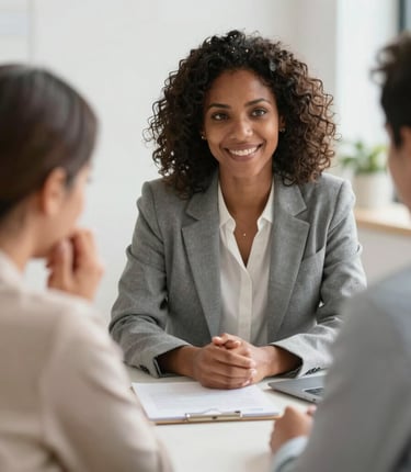 A determined professional reassuring a relieved client in an office setting.