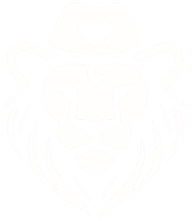 A black-and-white, circular logo featuring a lion’s head wearing a hat with a heart symbol