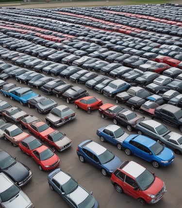 A bustling port with vehicles lined up ready for export under a bright sky.