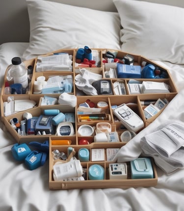 A cozy scene of a child’s colorful diabetes supplies neatly arranged on a bedside table.