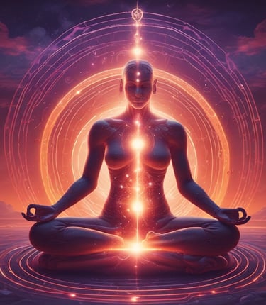 A serene figure meditating surrounded by soft glowing orbs of light in a peaceful natural setting.