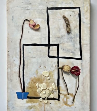 Mixed media art featuring dried flowers and geometric black outlines on a textured white background.