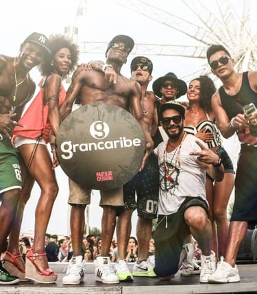 a group of people standing around a giant ball