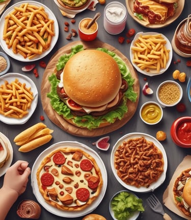 A vibrant spread of shawarma, burgers, pizza, fries, momos, samosas, and a steaming cup of tea on a yellow table.