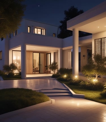 Modern Californian villa illuminated at dusk showcasing elegant outdoor lighting and smart home features.
