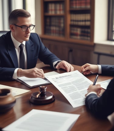 A welcoming office space with legal books and a friendly attorney consulting with a client.