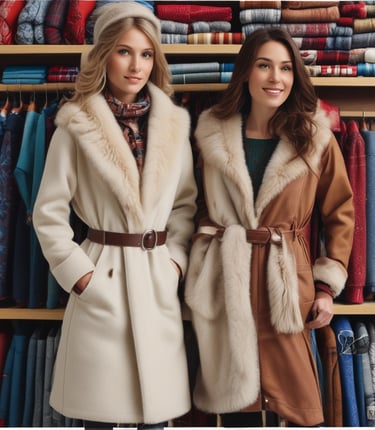 A cozy display of colorful winter cardigans and jackets hanging in a warmly lit showroom.