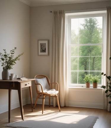 Cozy living room bathed in soft winter light with warm blankets and a glowing candle.