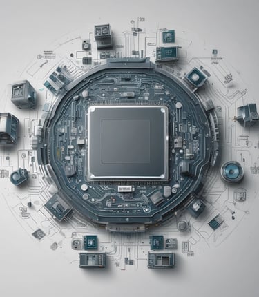 Close-up of a custom embedded circuit board glowing with blue and green LED indicators.