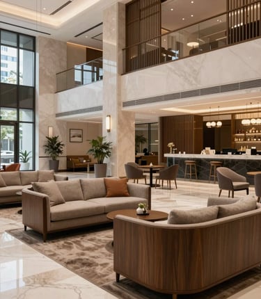 A confident hotel manager reviewing performance charts with an owner in a bright, modern lobby.