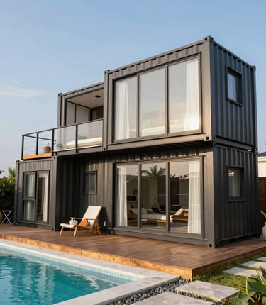 Modern black and gold customized container home with stylish interior and exterior design.