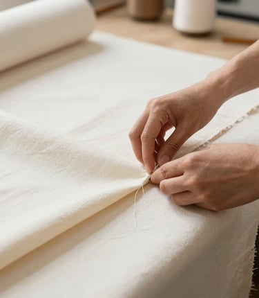 A highly professional, minimalist photograph of an artisan carefully tailoring high-quality cream and earthy tan cotton fabrics in a bright, sunlit, clean workshop. Focus is on the traditional, skilled hands handling the textiles, conveying authenticity and sustainability for Global Premium / North American and European Retailers.