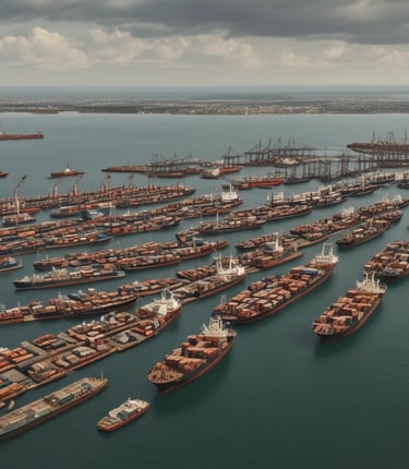 A bustling Ghanaian portyard at sunset with containers stacked high and a cargo ship being loaded.