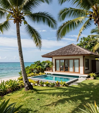 Elegant villa with tropical garden at sunset on Phuket island.