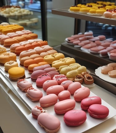 Cozy bakery interior with warm beige tones and elegant black accents highlighting fresh pastries.