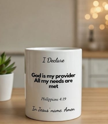 White ceramic mug with an inspirational message displayed in a cozy lifestyle setting.