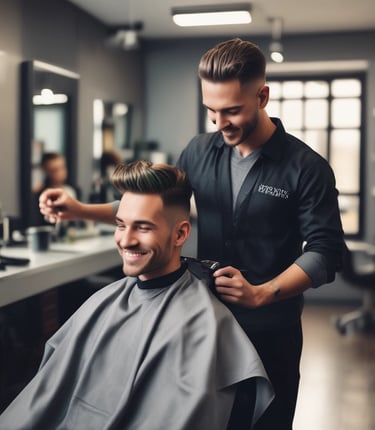 A stylish male model with a sharp fade haircut in a luxurious black and gold salon setting.
