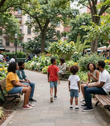 create a image of family with children with older people in a lush garden with paved pathways 