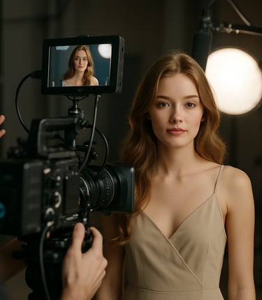 A lively group of diverse actors and crew members collaborating on set, sharing smiles and scripts.