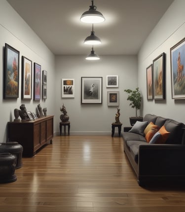 A warmly lit gallery space with paintings displayed and visitors admiring the art.