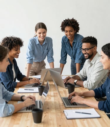 Diverse team of smiling casual professionals collaborating in a productive office meetin