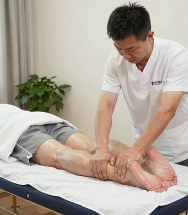 A warm, inviting photo of a registered massage therapist gently working with a smiling elderly client in a cozy home setting.