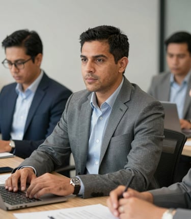 A confident business team collaborating around a laptop in a modern office.