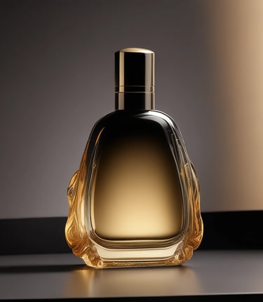 A sleek glass perfume bottle with soft smoke curling around it against a muted gold and deep black gradient background.