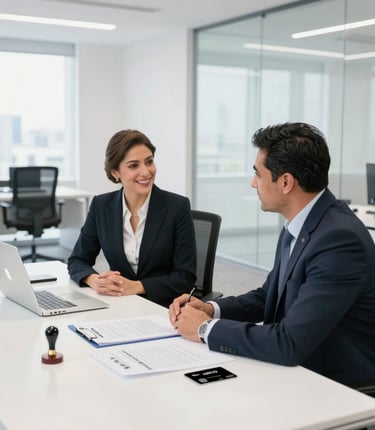 A friendly consultant assisting a small business owner with branding materials in a bright office.