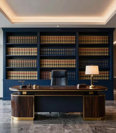 Modern law office interior with dark blue and gold accents reflecting professionalism.