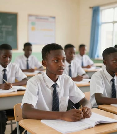 Nigerian Muslim children attentively learning in a bright, modern classroom at Al-Mi’raj Excellence Academy.