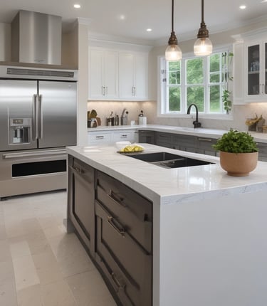 A cozy family workshop filled with vibrant quartz slabs and smiling faces.