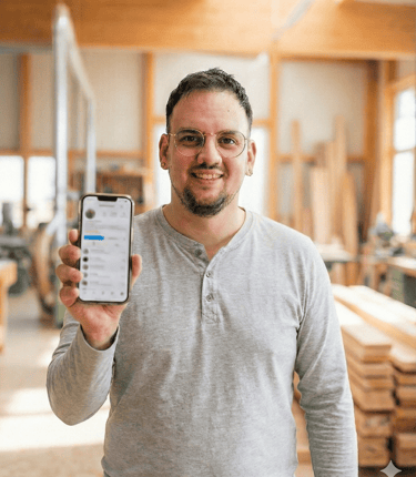 Patrick Mock im Handwerkbetrieb. Zeigt sein Handy ins Bild und lächelt freundlich.