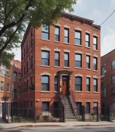 A friendly property manager speaking with a tenant outside a well-maintained New York apartment building.