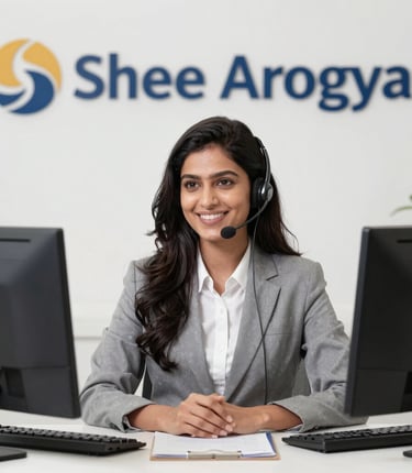 A smiling woman working comfortably at her home desk with a headset on, engaging in a call.